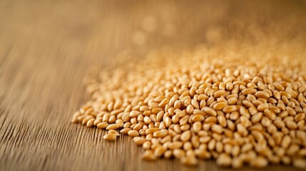 Obraz premium Close up photo of scattered golden wheat grains piled on a rustic wooden table Deep depth of field creates a soft blurred background focus on the detailed texture and pattern of the wheat kernels