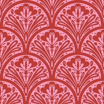 Scalloped floral seamless pattern. Hand drawn symmetrical flowers in monochromatic red colors. Scallop half circle geometrical botanical ornament on pink background. Repeat allover backdrop