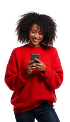 Woman using cell phone isolated on PNG transparent background