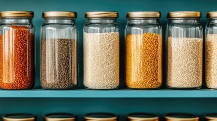 Assorted grains such as quinoa rice and barley stored in glass jars displayed on a kitchen shelf with a deep depth of field showcasing the variety of healthy