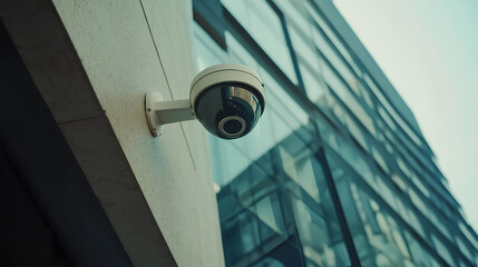 a surveillance camera hanging over the entrance of an office building, on the street