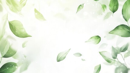fresh green leaves softly drifting through the air, delicate branches highlighted against a pristine white background, embodying renewal and nature's beauty, creating a refreshing and serene ambiance
