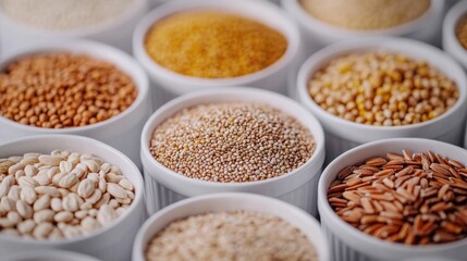 Obraz premium Assortment of various colorful cereal grains such as millet quinoa buckwheat and lentils arranged neatly in small bowls on a bright kitchen background