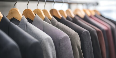 Fototapeta premium Collection of tailored suits hanging on hangers in a stylish retail display.