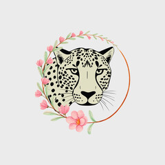 Vector flat illustration portraits of wild cheetah head with floral flowers.