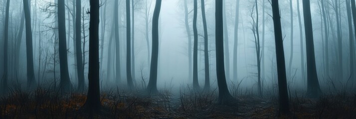 Dark forest with fog. Halloween theme background.