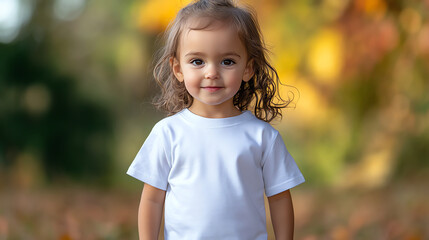 Adorable 1-Year-Old Girl in White T-Shirt Smiling Outdoors in Autumn