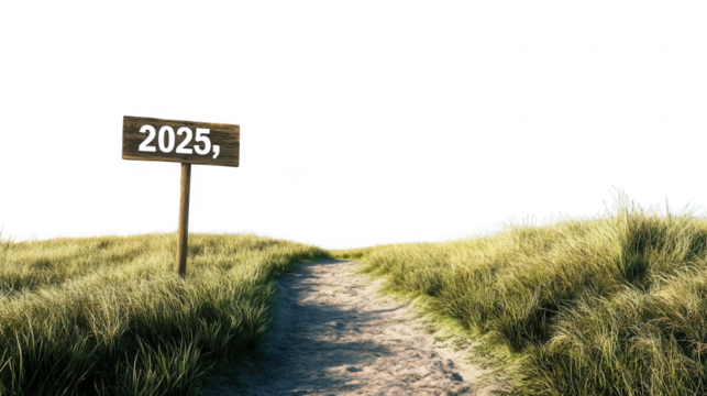 Path Leading Toward the Horizon with Signpost Marked "2025," Symbolizing New Beginnings, PNG File, Transparent Background
