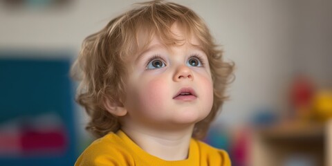 Fototapeta premium Curious child looking upwards with a thoughtful expression, indoor setting.
