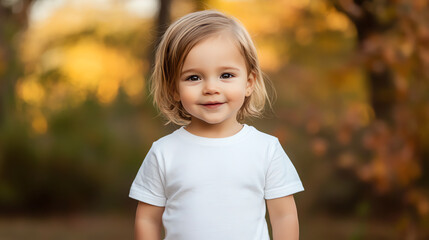 Adorable 1-Year-Old Girl in White T-Shirt Smiling Outdoors in Autumn