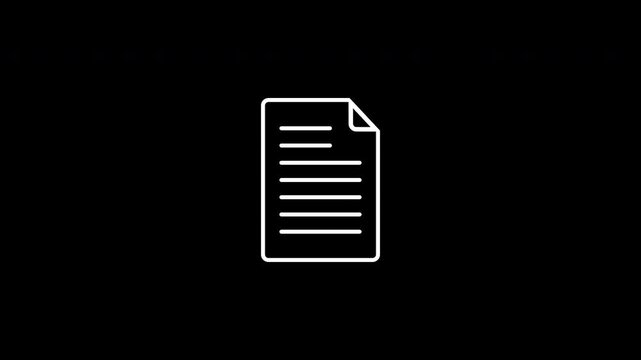 A white document icon with an animated text line is displayed on a black background. Alpha channel.