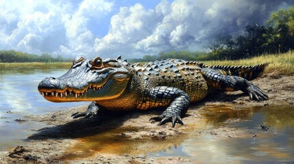 Obraz premium A Large Alligator Resting on a Mudbank Near Water