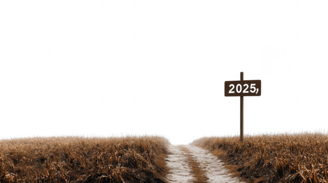 Path Leading Toward the Horizon with Signpost Marked "2025," Symbolizing New Beginnings, PNG File, Transparent Background

