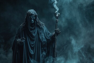 Skeleton necromancer wearing a dark robe, holding a magic staff and summoning power from the underworld