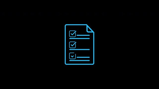 A blue document icon with an animated text line and checkmarks is displayed on a black background. Alpha channel.