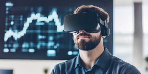 Man wearing virtual reality headset in modern office setting with data visuals.