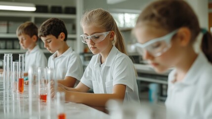 Fototapeta premium Group of elementary school students engaged in a hands on science experiment in their classroom exploring the world of scientific discovery through various laboratory equipment and materials