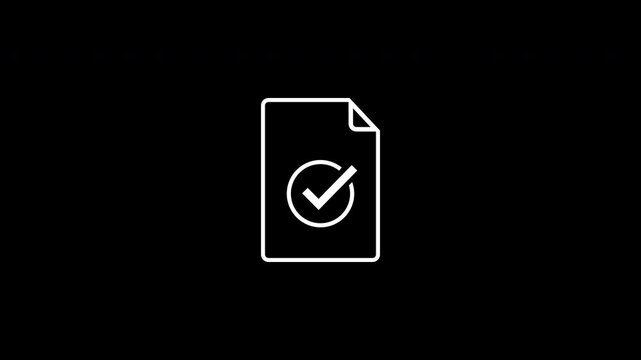 An animated white document icon with a checkmark is displayed on a black background. Alpha channel.