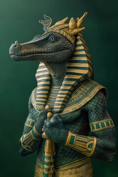 Sobek the crocodile god of ancient egypt is depicted as a crocodile headed man wearing a crown and holding a staff