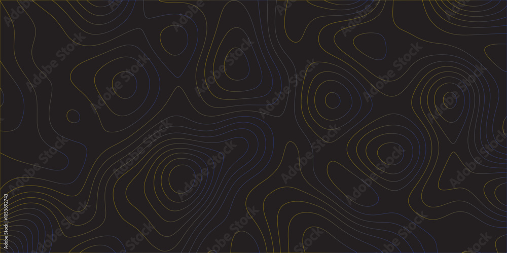 Poster Abstract black colorful gradient Topographic line map pattern background. Contour elevation topographic and textured Background Modern design with black background with topographic wavy Patte and dot	
