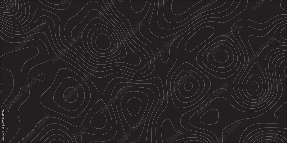 Poster Abstract white on black background Topographic line map pattern. Contour elevation topographic and textured Background Modern design with black background with topographic wavy patted.	
