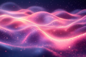 Obraz premium Abstract pink and blue glowing wave pattern with sparkling particles.