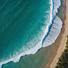 Aerial view beautiful of sea waves from drone. Stock image of blue color of ocean water, sea surface. Top view on turquoise waves, clear water surface texture.	