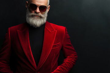 Obraz premium Portrait of a confident businessman wearing a red velvet jacket and sunglasses, exuding style and sophistication