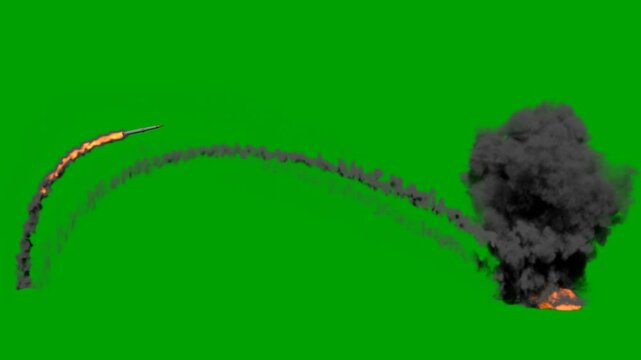 Back to back missile fire and huge explosion with green background. 15 missile launches in 10 second and explosion of smoke and fire. 