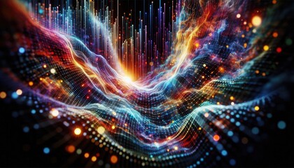 Obraz premium Digital Wave of Deep Learning Network - Interconnected Data Streams and Neural Layers, Futuristic AI Art Concept, No People