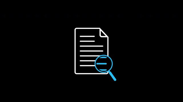 A blue document icon with an animated magnifying glass and text line is displayed on a black background. Alpha channel.