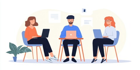 Fototapeta premium Three professionals collaborating at a table with laptops, white isolated background.