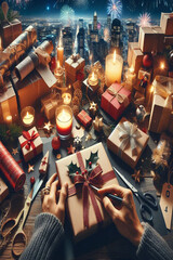 Close-up of a workspace filled with wrapping paper.
