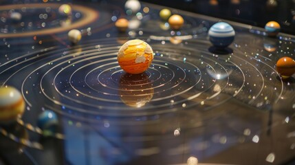 An interactive solar system model allows guests to move the planets and see how their orbits change.