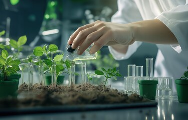 Closeup view of a botanist or scientist examining and analyzing plant seedlings or saplings growing in a laboratory setting using scientific equipment and tools such as pipettes test tubes