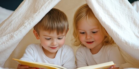 Two children reading a book under a blanket fort, warm and joyful atmosphere.