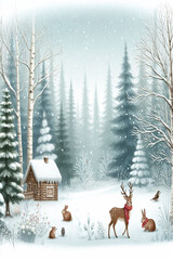 Snow-covered forest scene with tall pine trees.