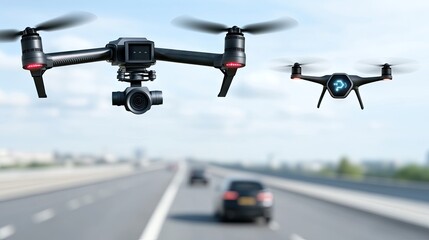 High-tech surveillance cameras and drones monitor highway traffic to enhance city safety and innovation