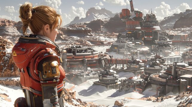 A woman in a body armor in a futuristic setting looking at a vast landscape of rocky terrain and industrial buildings.