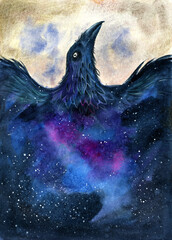 Watercolor illustration of a black raven fading into an image of a night starry sky, on a beige background (This illustration was drawn by hand without the use of generative AI!)