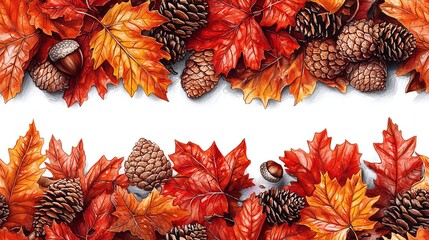 Fototapeta premium Vibrant Autumn Leaves and Pine Cones Illustration