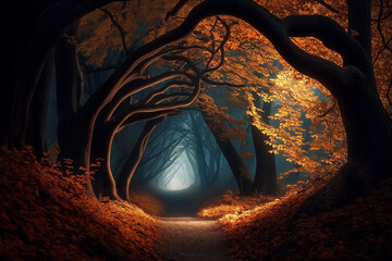 fairy tale forest with path in autumn