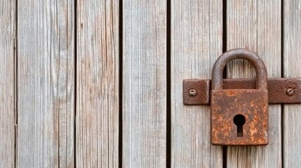 Rustic old wooden door with a detailed close-up of a rusty padlock and keyhole, showcasing the weathered beauty of vintage architecture