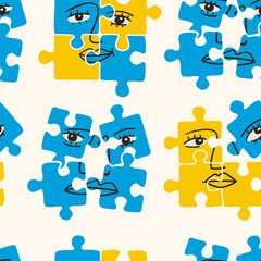 Naklejka premium Abstract human Faces on puzzle pieces. Jigsaw puzzle game with face. Contemporary minimalistic elegant style. Hand drawn modern Vector illustration. Square seamless Pattern, background, wallpaper