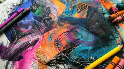 Fototapeta premium Abstract Artwork with Crayons and Pencil on White Paper