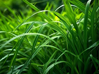 Fototapeta premium Lush green grass blades glistening in natural light, showcasing vibrant plant life.