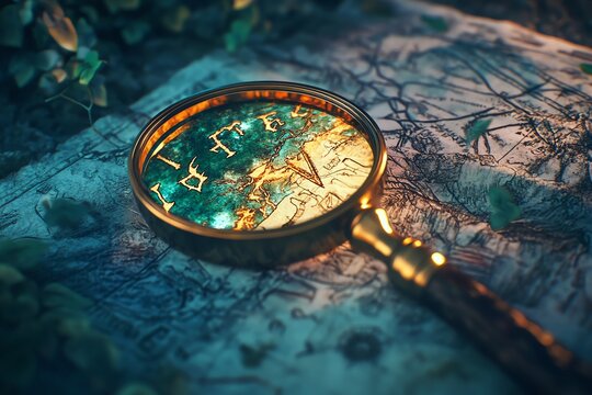 A vintage magnifying glass rests on an antique map, illuminating a hidden detail with a green glow.