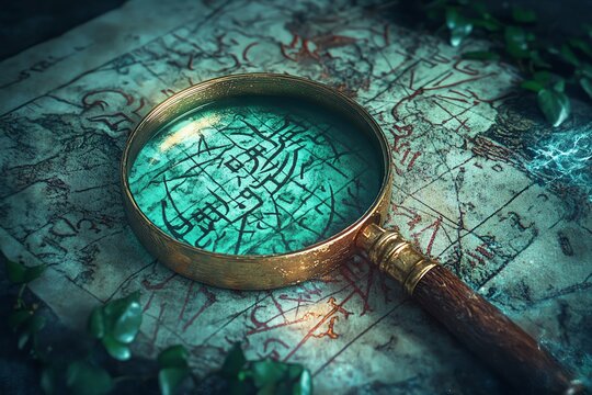 Antique magnifying glass on an old, weathered map with cryptic symbols and faded ink.