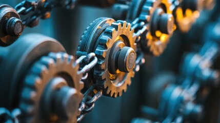 Intricate machinery components, showcasing a close-up of intertwined metal chains and gears in a robust industrial setting