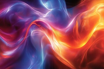 Fototapeta premium Abstract swirling waves of blue and orange light against a dark background.
